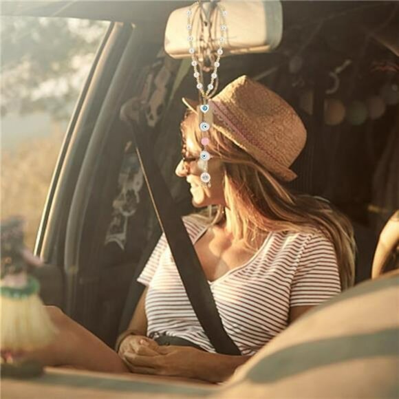 Heart evil eye car mirror hanging charm beaded rearview ornament sun catcher dec - Picture 2 of 8